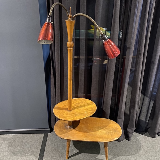 LAMP, Base (Floor) - 1950s Red Anodised Shades on 2 Tier Blonde Table